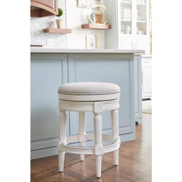 Chapman Farmhouse White Wood 25 in. Counter-Height Backless Swivel Bar Stool with Grey Upholstered Seat, One Stool