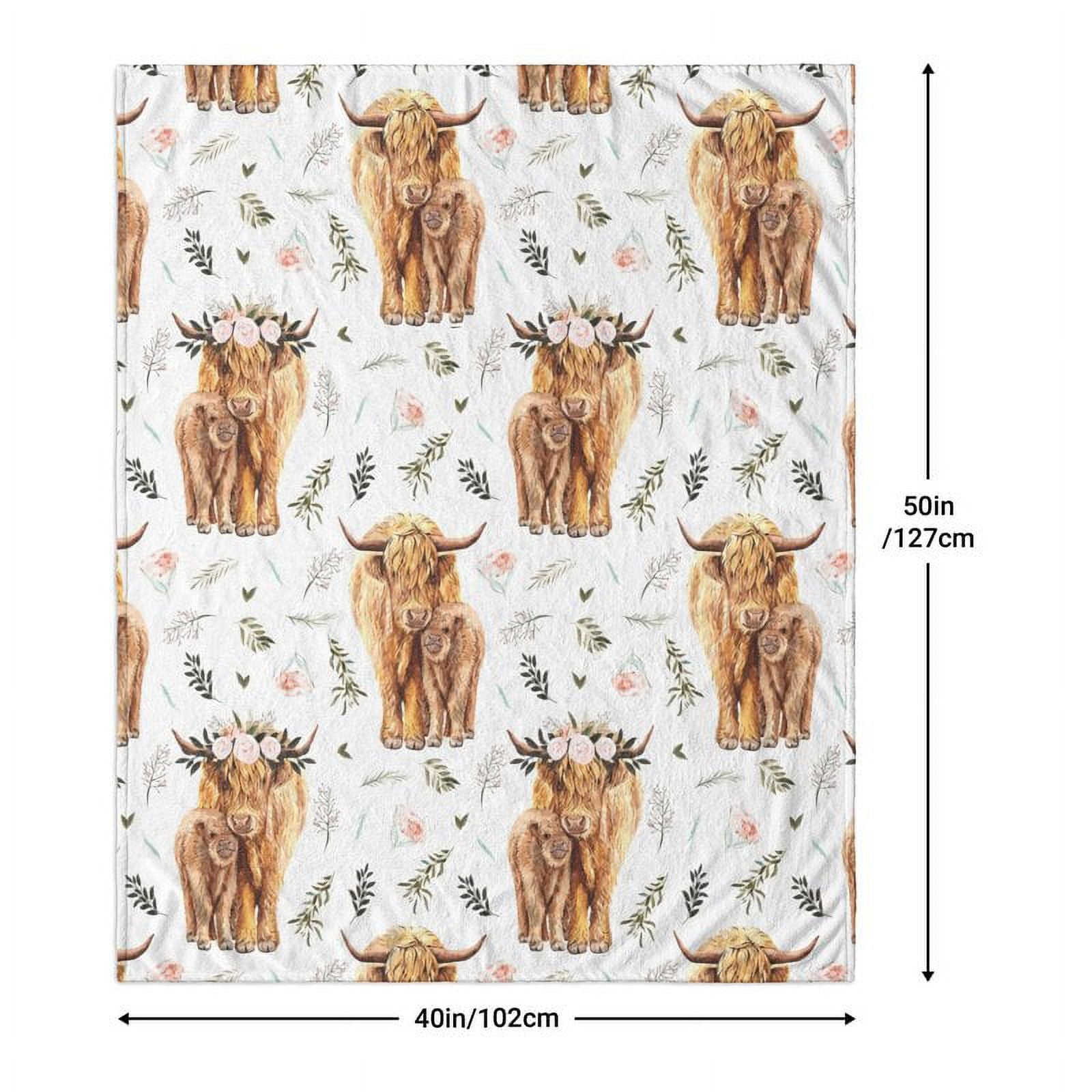 Highland Cow Print Blanket Cute Rustic Farm Animal Cow and Flowers Throw Blankets Soft Flannel Bedding Blanket 50