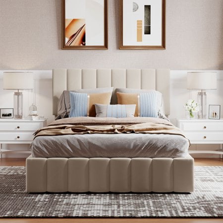 Churanty Hydraulic Storage Bed Frames Full Size Platform Bed with Upholstered Headboard,Beige