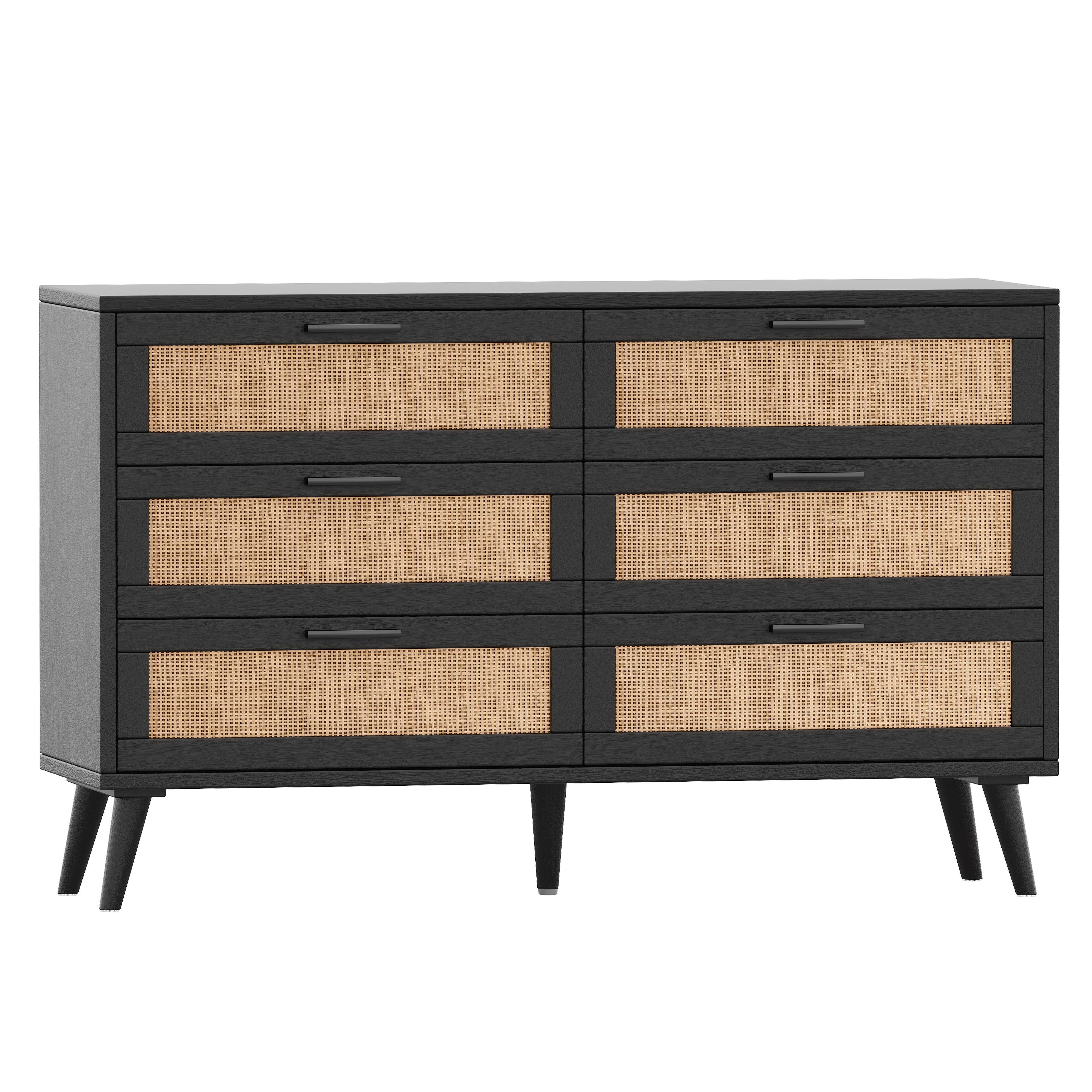 Rovaurx 6 Drawer Double Dresser Chest, Bedroom Chest of Dressers, Rattan Beside Table, Natural