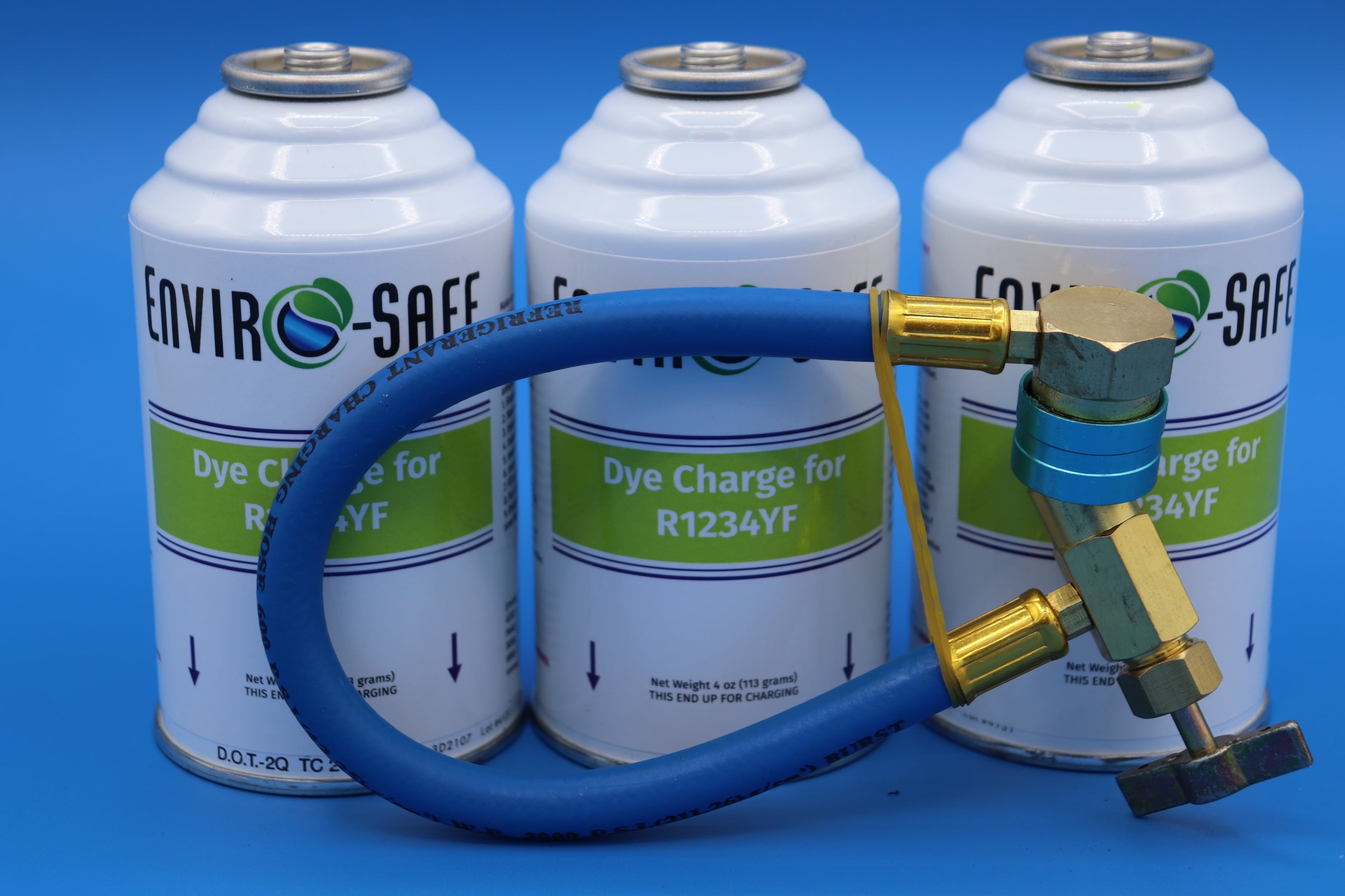 Dye Charge and Brass Charging Hose for Automotive R1234YF, R-1234YF, R1234 (3 cans and hose) Auto Refrigerant Support