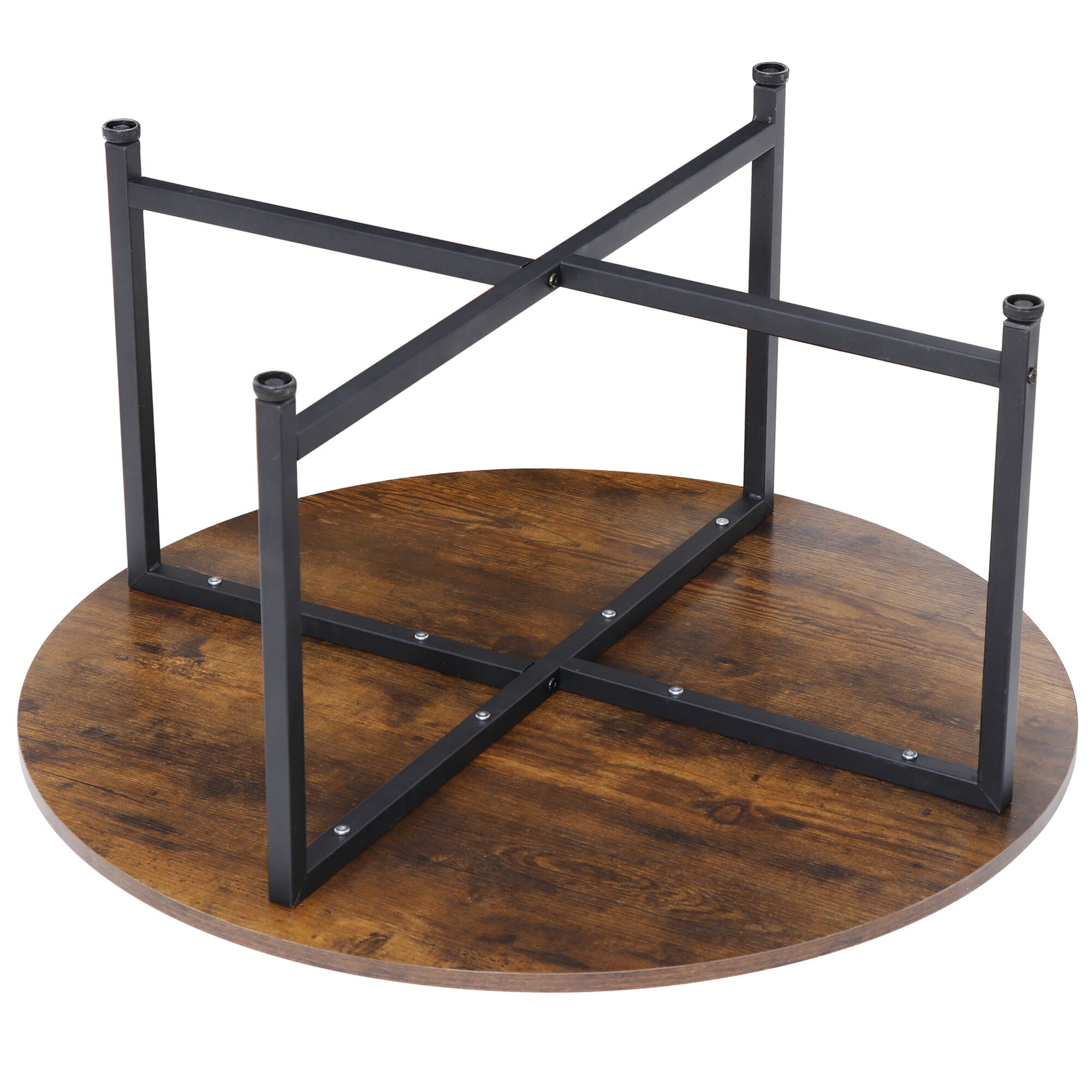 HomGarden 31.5-Inch Industrial Round Coffee Table with X-Base Metal Legs, Sofa Side Table Retro Cocktail Table for Home Office, Living Room, Rustic Brown