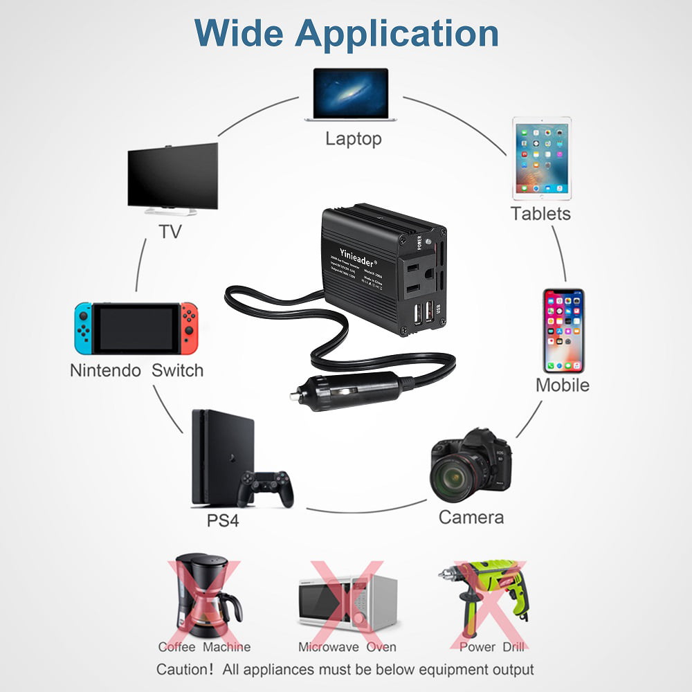 Yinleader 200 Watts Power Inverter Converter Adapter DC 12V to AC 110V Car Charger 2USB