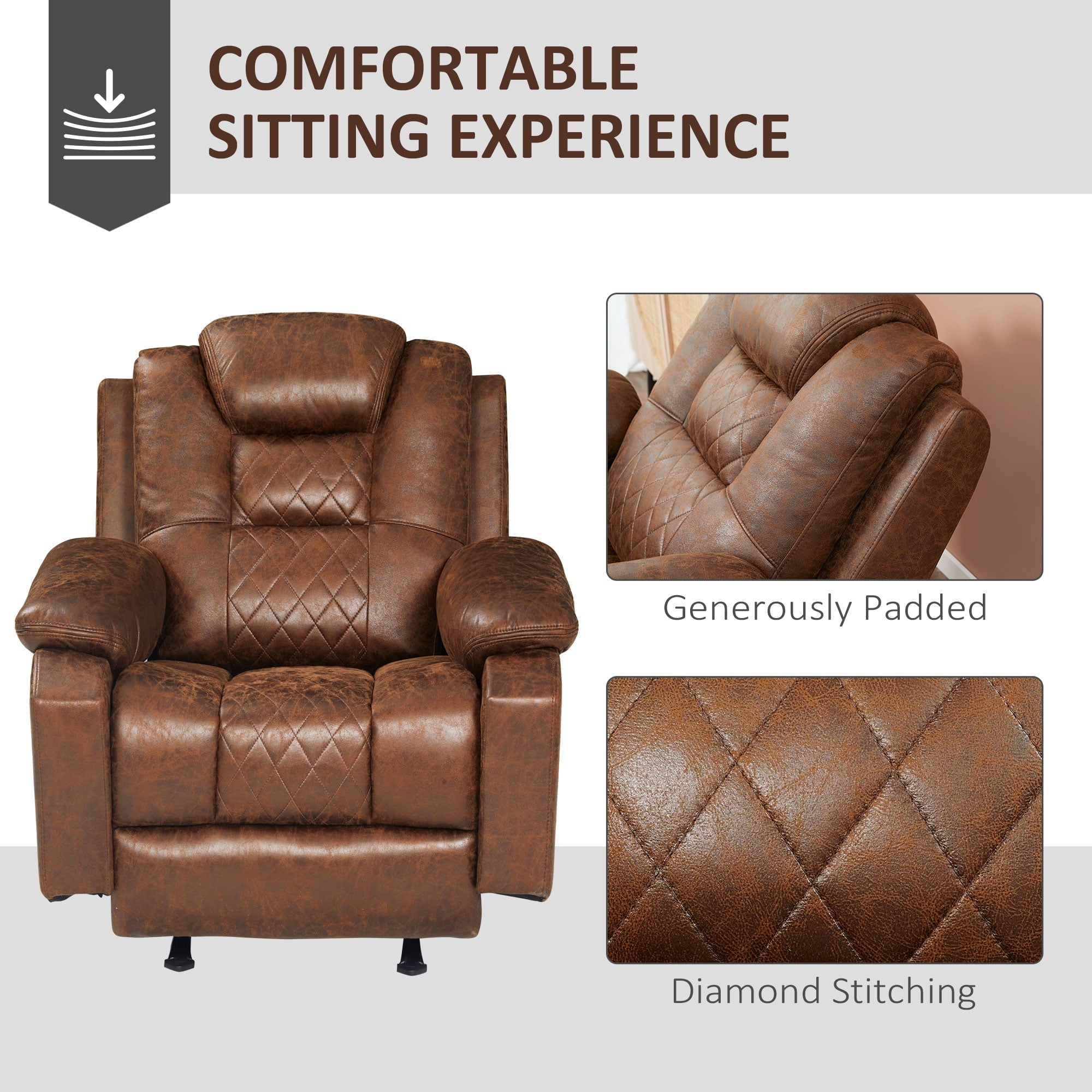 HOMCOM Overstuffed Manual Recliner Chair with Thick Sponge Padded Headrest and Armrest, and Rocking Function, Brown