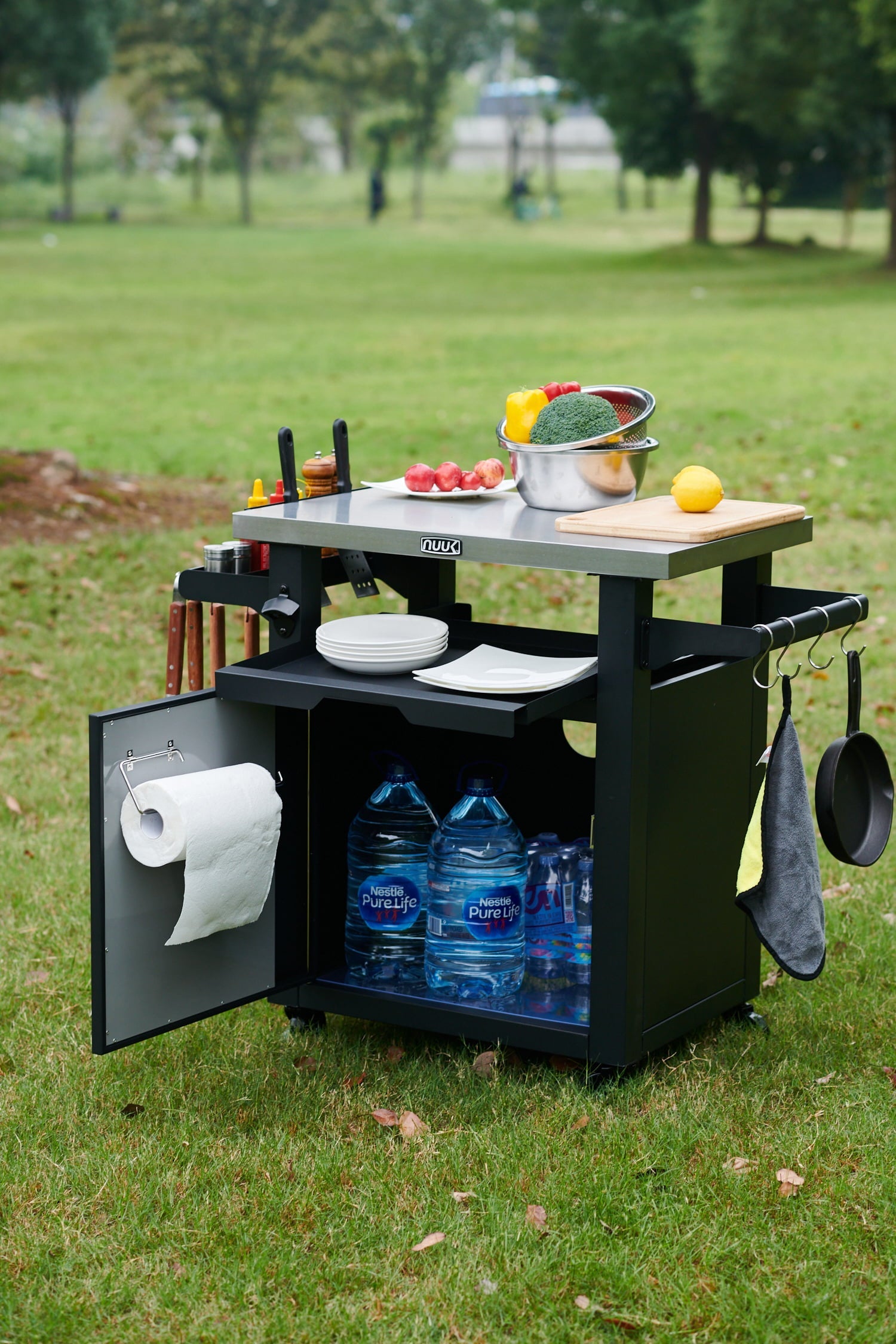 Deluxe 30IN Outdoor Rolling Grill Cook Station, Bar Table with Patio Storage Cabinet and Outdoor Dining Table, Black