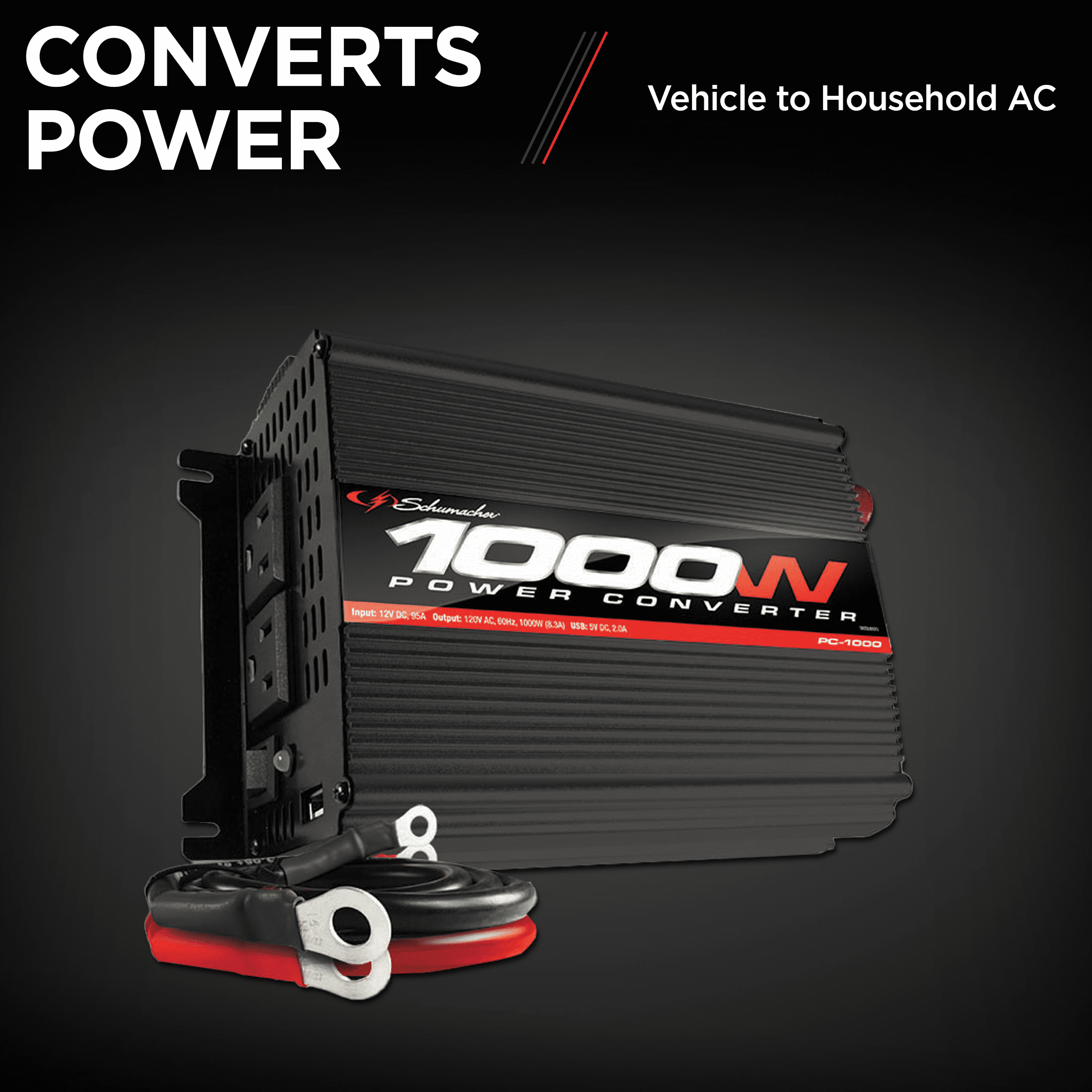 Schumacher 1000 Continuous Watt/2000 Peak Watt Power Inverter – Convert 12V DC Power to 120V AC Household Power