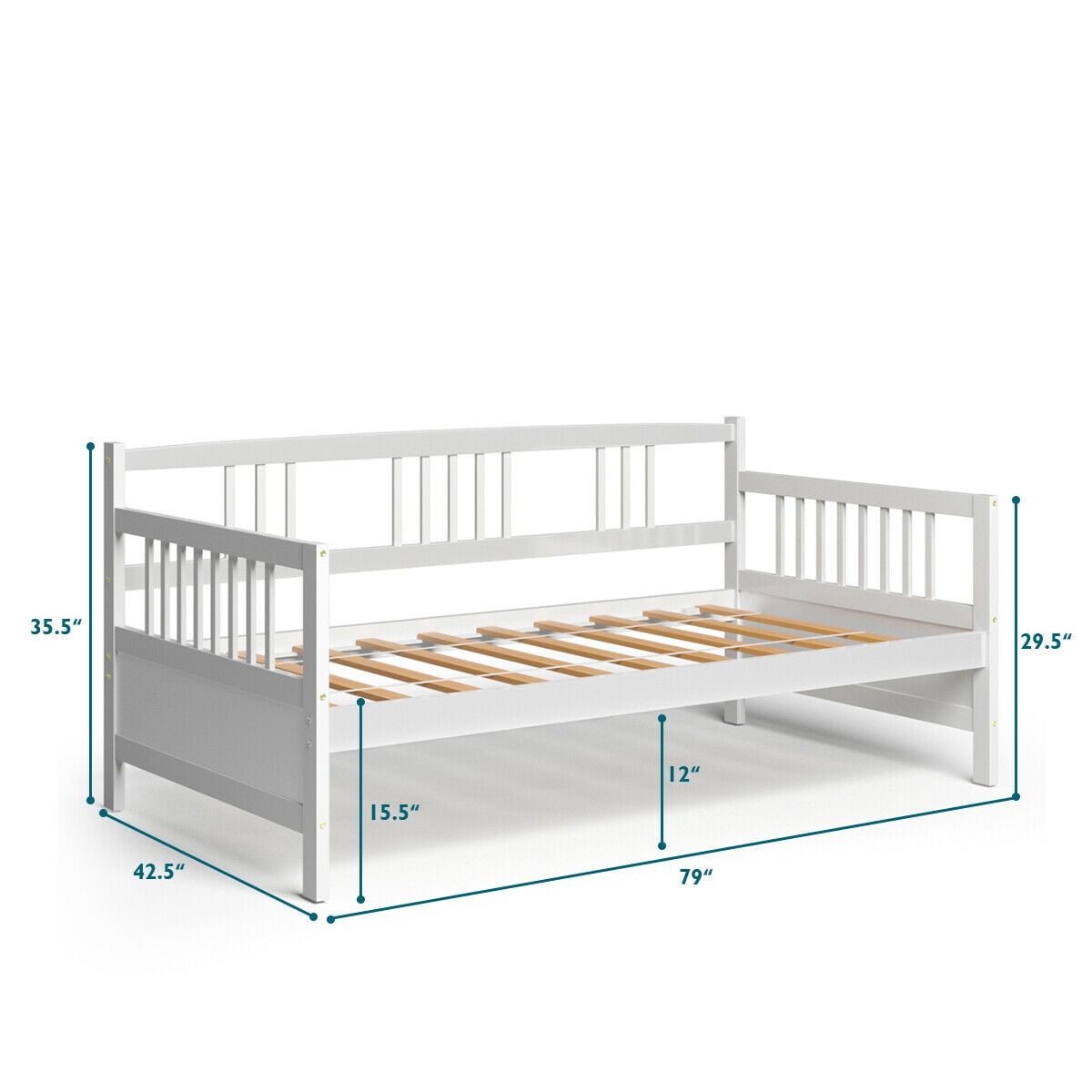 Gymax Twin Size Wooden Slats Daybed Frame Support Platform W/Rails White
