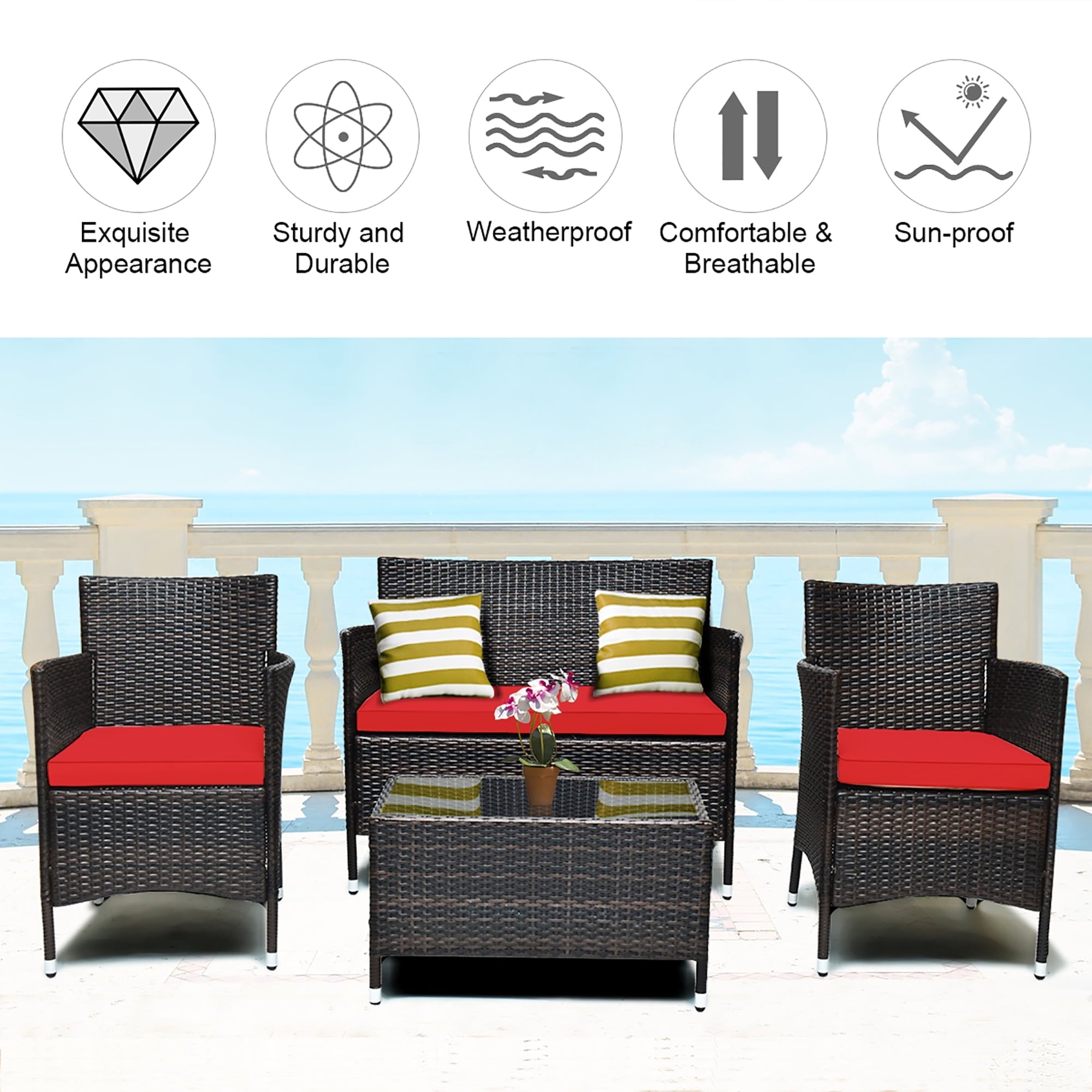Costway 4PCS Rattan Patio Furniture Set Cushioned Sectional Sofa Chair Coffee Table Red