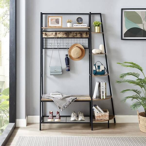 Grey Hall Tree with Bookshelves, Multiple Hooks, and Bench Seat