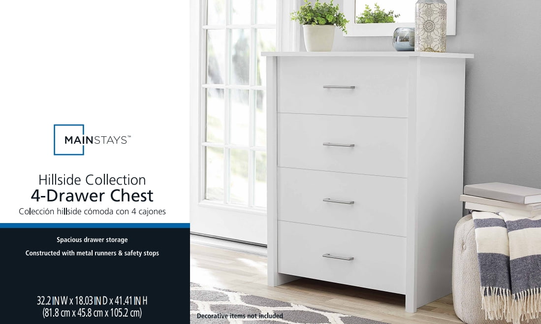 Mainstays Hillside 4-Drawer Dresser, White Finish