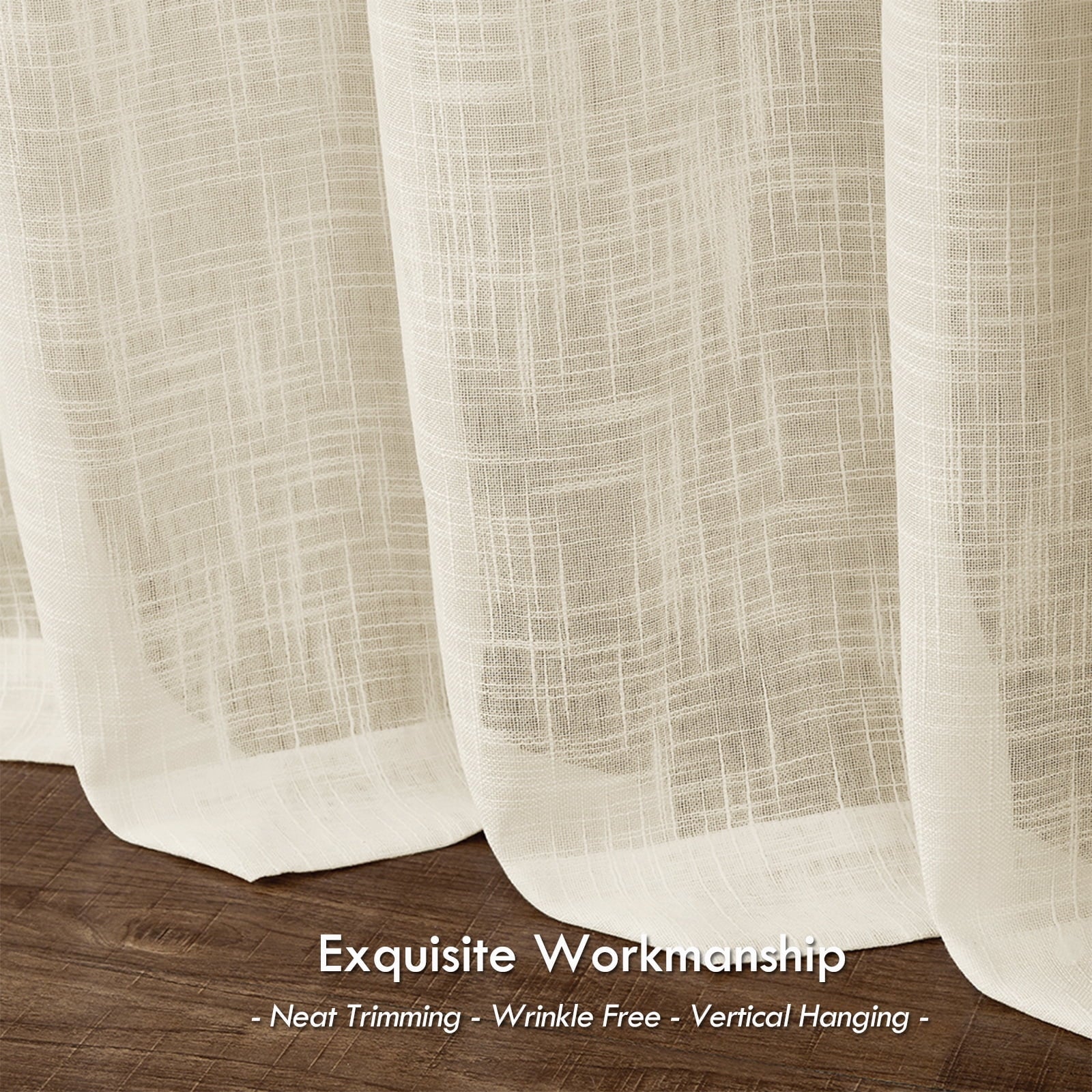 Melodieux Linen Textured Semi Sheer Voile Curtain, Grommet Top, 2 panels, Cream/Yellow - 52 x 96 Inch