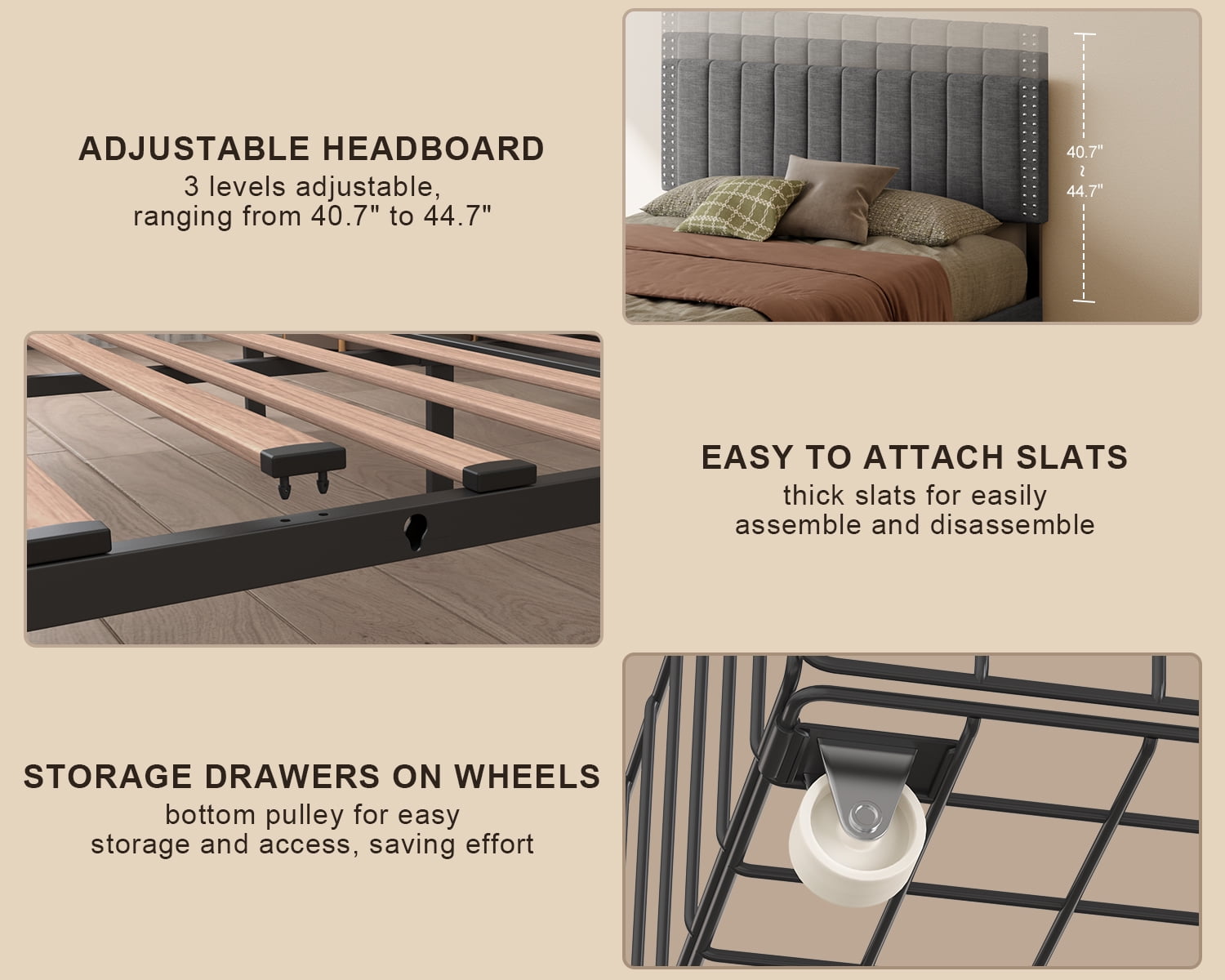 Lofka Queen Bed Frame with Drawers and Adjustable Headboard 880lbs No Box Spring Dark Gray