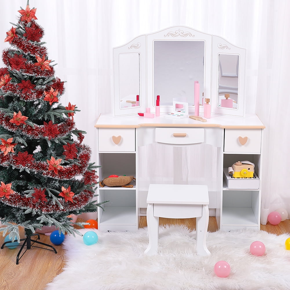 Juiluna Kids Vanity Set with Mirror and Drawer - Girls' Vanity Table and Chair Set with Wood Makeup Playset, Perfect for 3-9 Yr, White