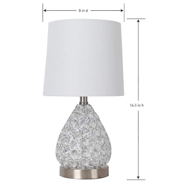 17 in. Clear Crystal and Brushed Steel Table Lamp with White Fabric Drum Shade