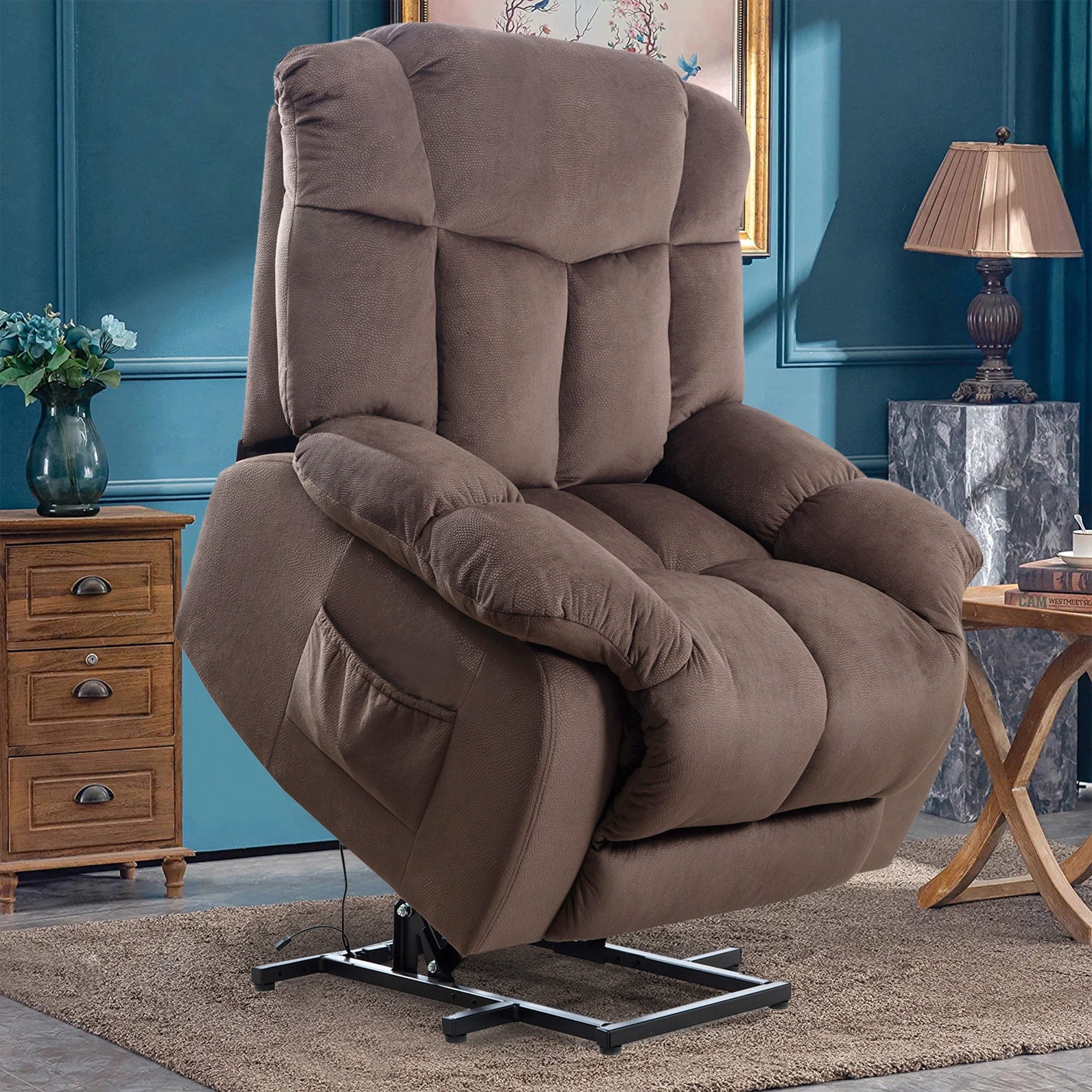 VANBER Lift Chair Recliners, Lazy Boy Power Lift Recliner Chair Big Man Recliner Sofa, Heavy Duty Electric Lift Chair with Remote Control and Side Pocket, Fabric Lift Chair, 300lbs Capacity, Coffee