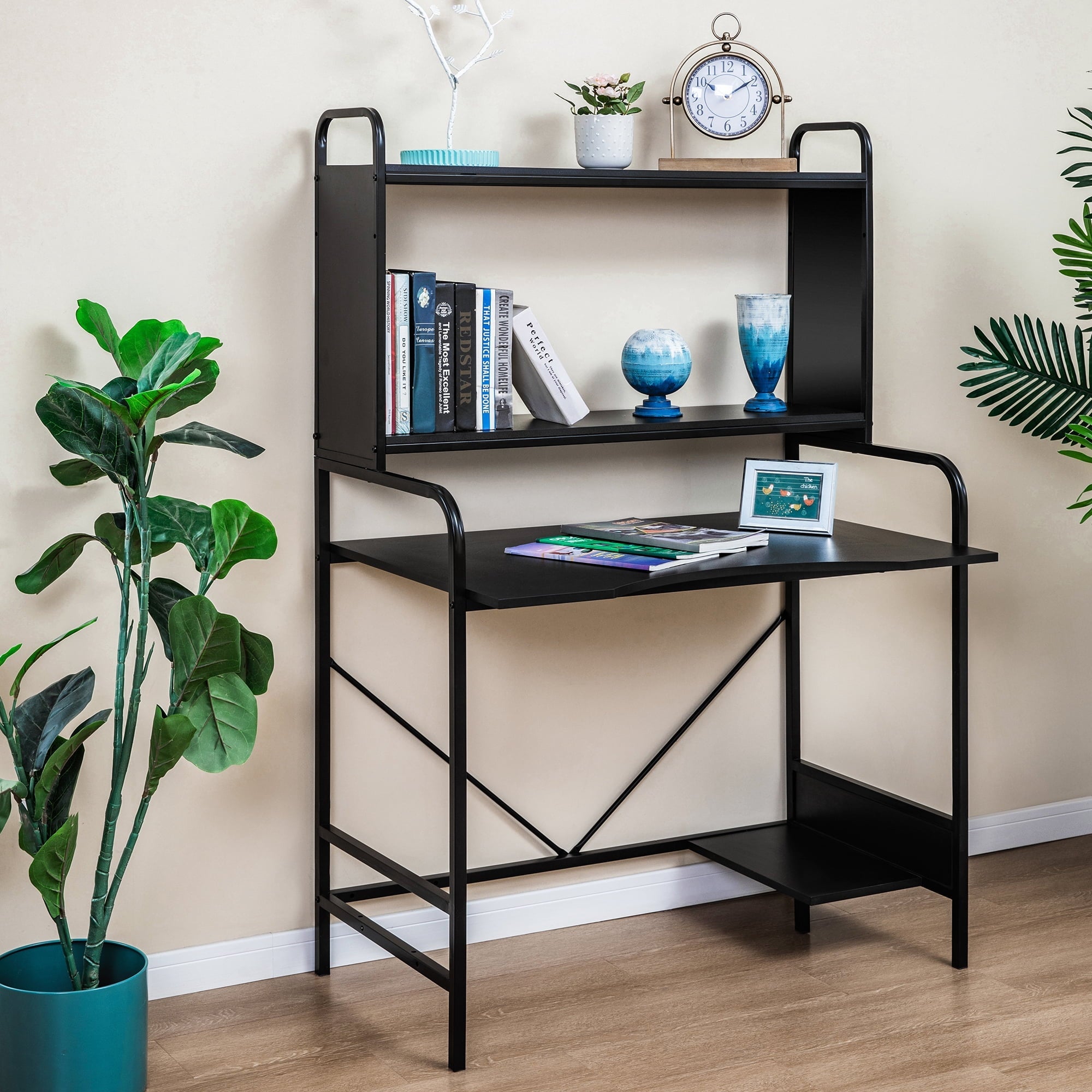 MF Studio Office Home Computer Desk with Hutch Shelf, Bookshelves and CPU Stand, Working and Studying Desk, Black