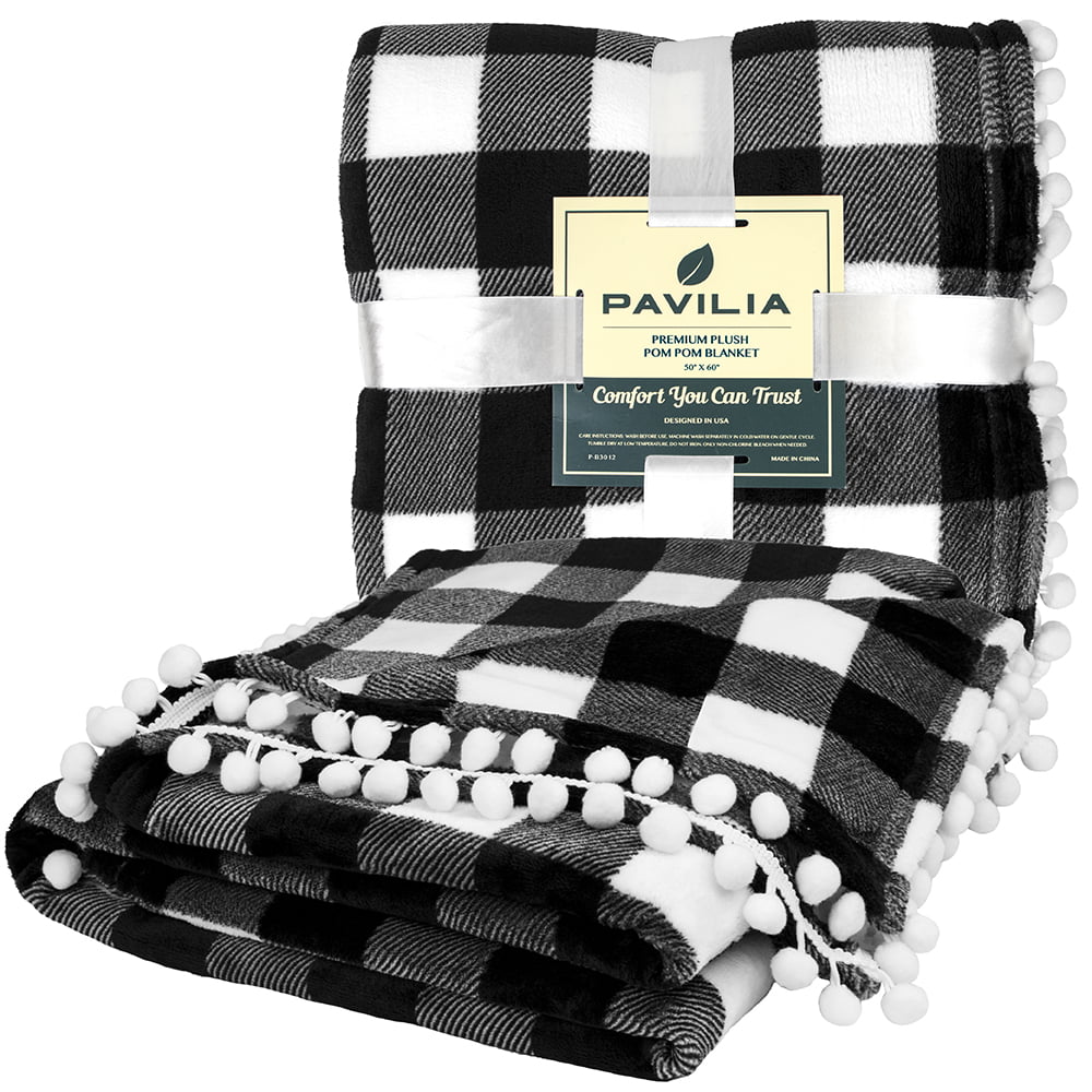 PAVILIA Fleece Throw Blanket with Pom Pom Fringe | Buffalo Plaid Checkered White, Black Flannel Throw | Super Soft Lightweight Microfiber Polyester | Plush, Fuzzy, Cozy | 50 x 60 Inches