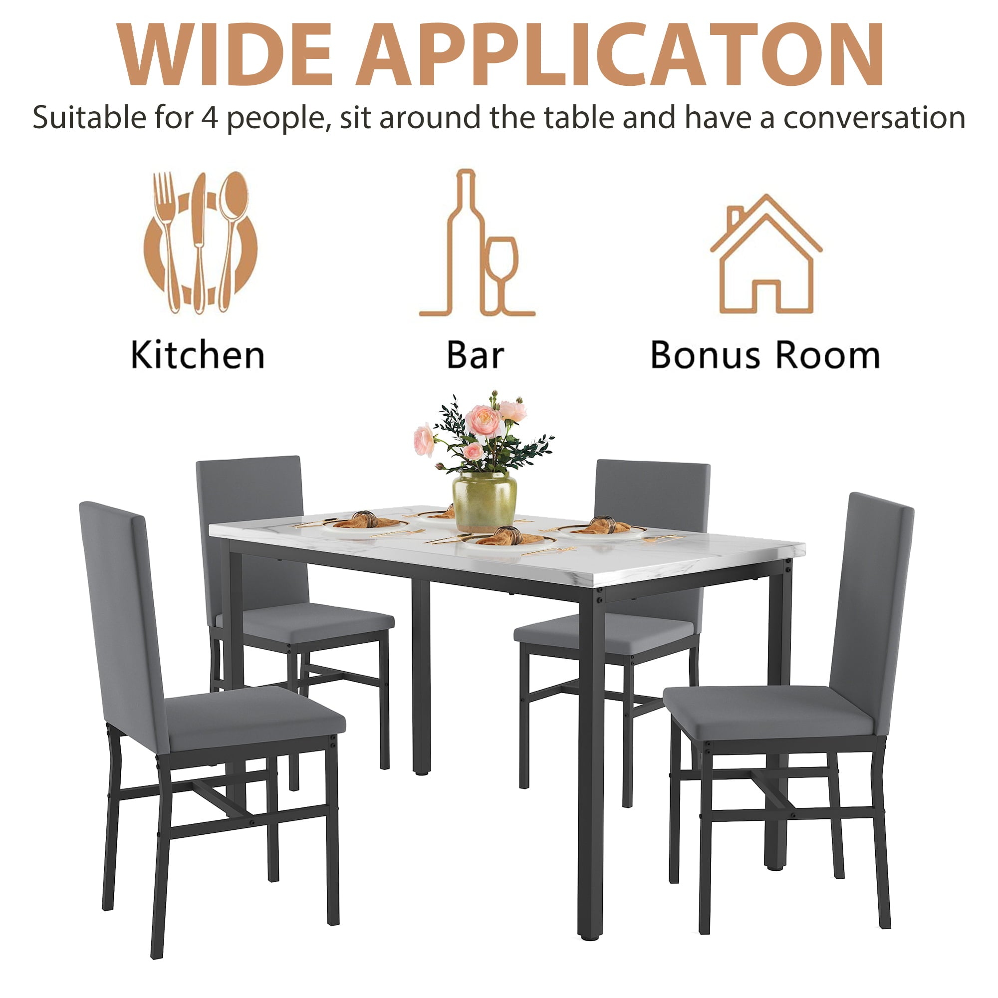 uhomepro 5 Pieces Dining Table Set, Elegant Marble Top Kitchen Table and Chairs for 4, Metal Frame Table and 4 Velvet Upholstered Chairs Perfect for Kitchen Breakfast Nook Bar Small Apartment