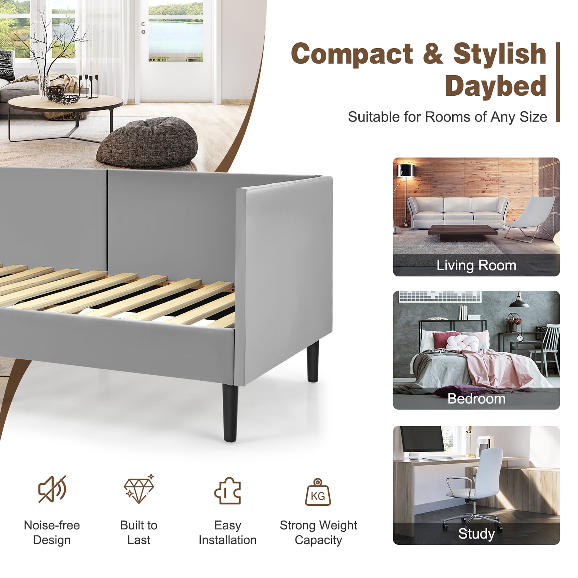 Costway Twin Daybed Upholstered Linen Wooden Sofa Bed Frame Heavy Duty Living Room Grey