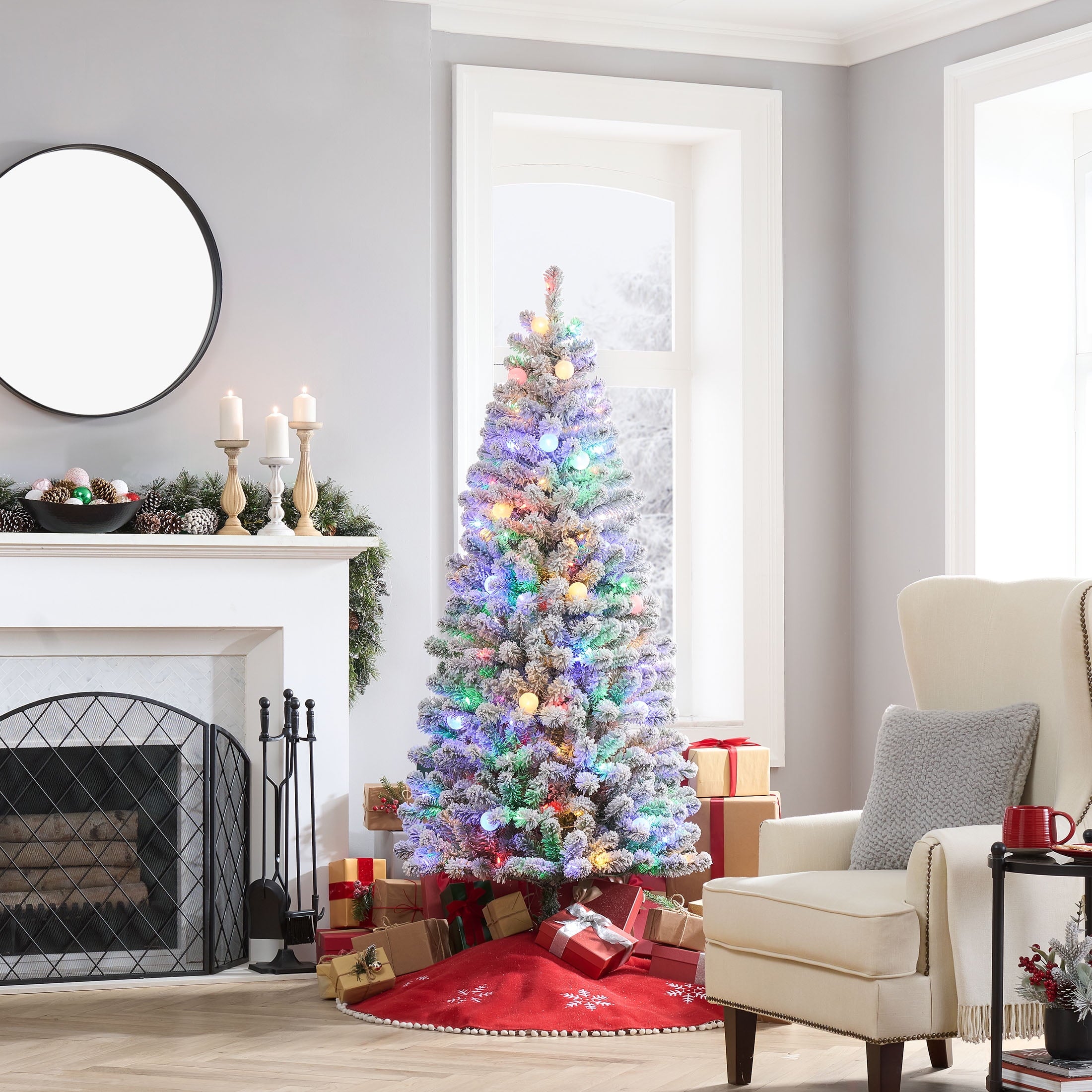 6.5 ft Pre-Lit G50 Color-Changing LED Trinity Flocked Pine Artificial Christmas Tree, Green, by Holiday Time