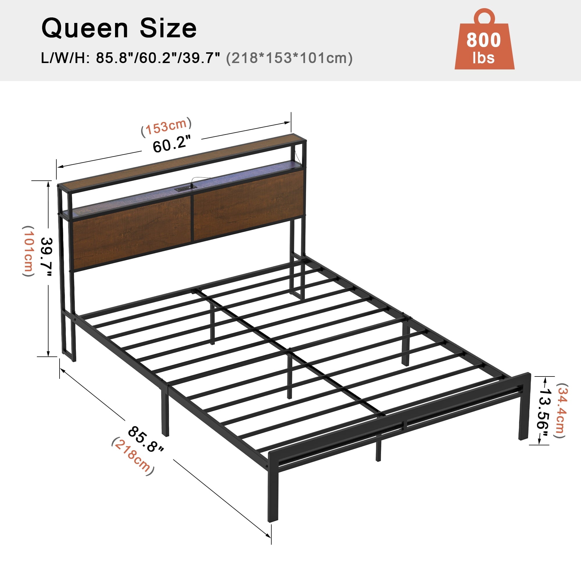 GUNAITO Queen Size Bed Frame with  Wooden Headboard Metal Platform Bed Frame with LED Lights Charging Station Rustic Brown