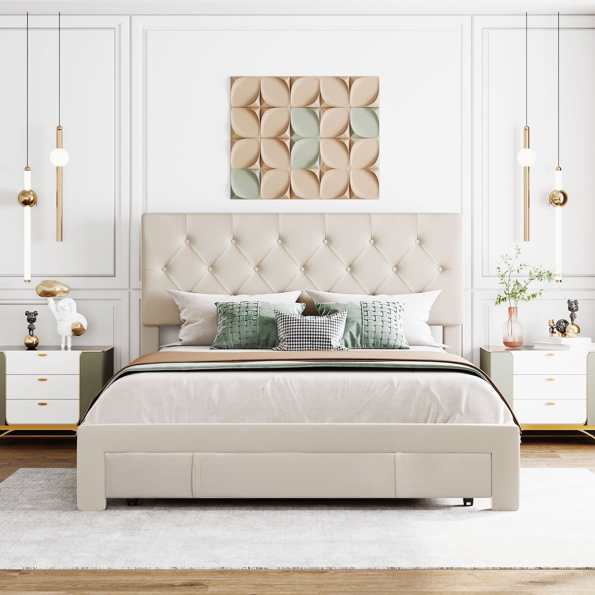 Queen Bed Frame with 1 Big Storage Drawer, Velvet Button Tufted Upholstered Platform Bed with Headboard for Teens Adults, Beige