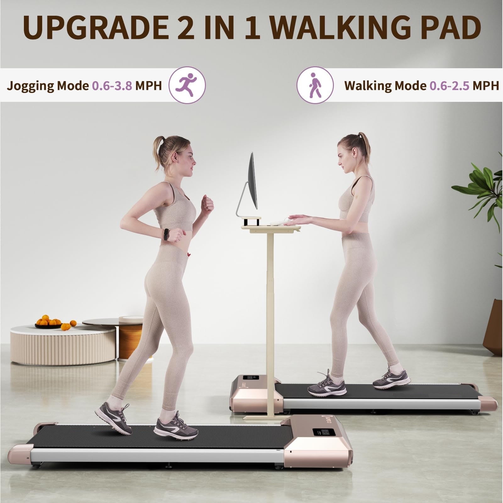 DeerRun Walking Pad Treadmill 2.5Hp, Ultra-Quiet with Remote Control-Under Desk Treadmill 2 in 1 Walking and Jogging with Remote Control LED Display(Pink)