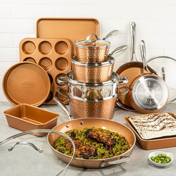 Hammered Copper 17-Piece Aluminum Nonstick Cookware Set