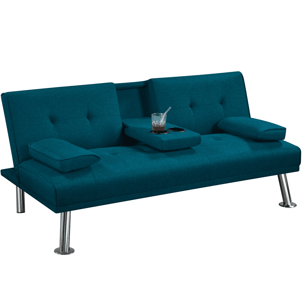Easyfashion Convertible Futon Sofa Bed W/ Chrome Metal Legs & 2 Cup Holders, Aqua Blue
