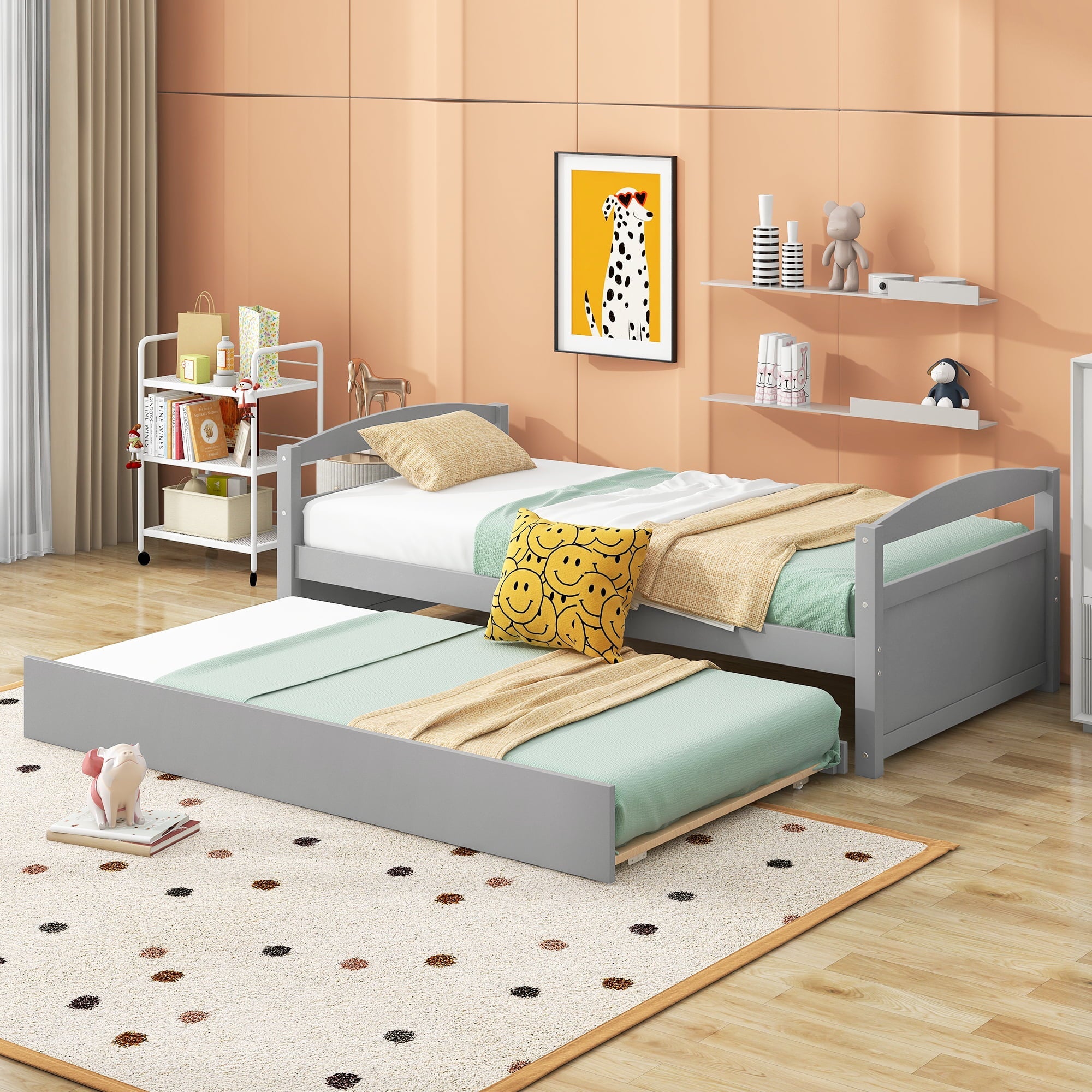 Euroco Twin Size Wooden Daybed with Trundle Bed, Gray