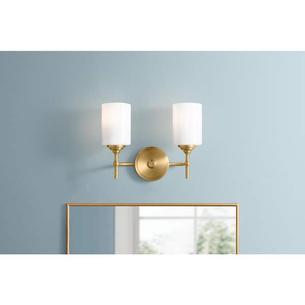 Ayelen 13 in. 2-Light Matte Brass Bathroom Vanity Light with Opal White Glass Shades