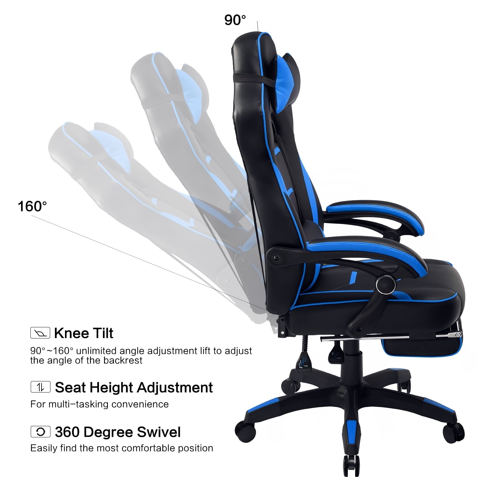 Luckracer Gaming Chair in Home with Footrest PU Office PC Chair, Blue