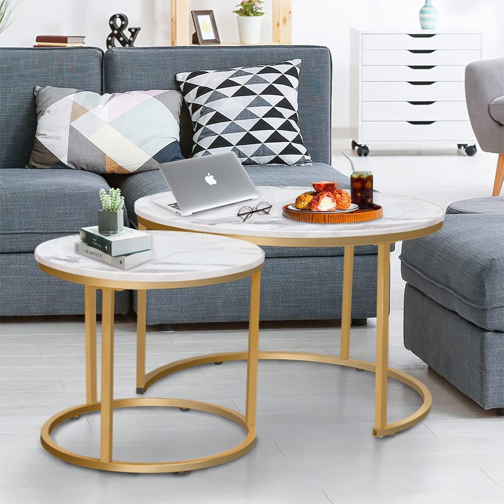 aboxoo Coffee Table Nesting White Set of 2 Side Set Golden Frame Circular and Marble Pattern Wooden Tables, Living Room Bedroom Apartment Modern Industrial Simple Nightstand