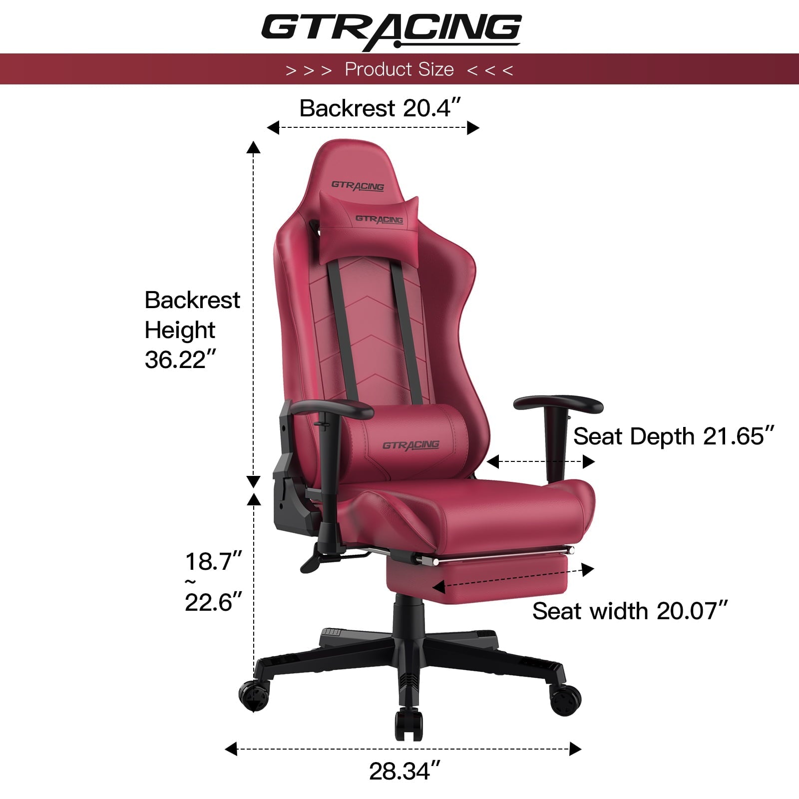GTRACING Gaming Chair with Footrest Ergonomic Reclining Leather Chair, Dark Red