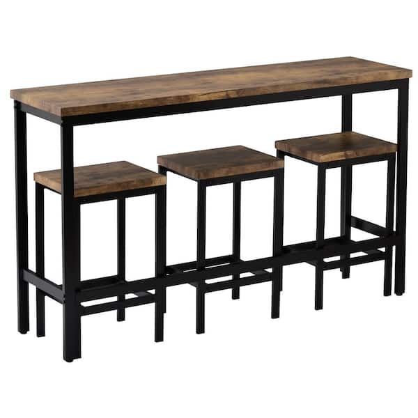 Brown Counter Height Extra Long Dining Table Set with 3-Stools Pub Kitchen Set Side Table with Footrest