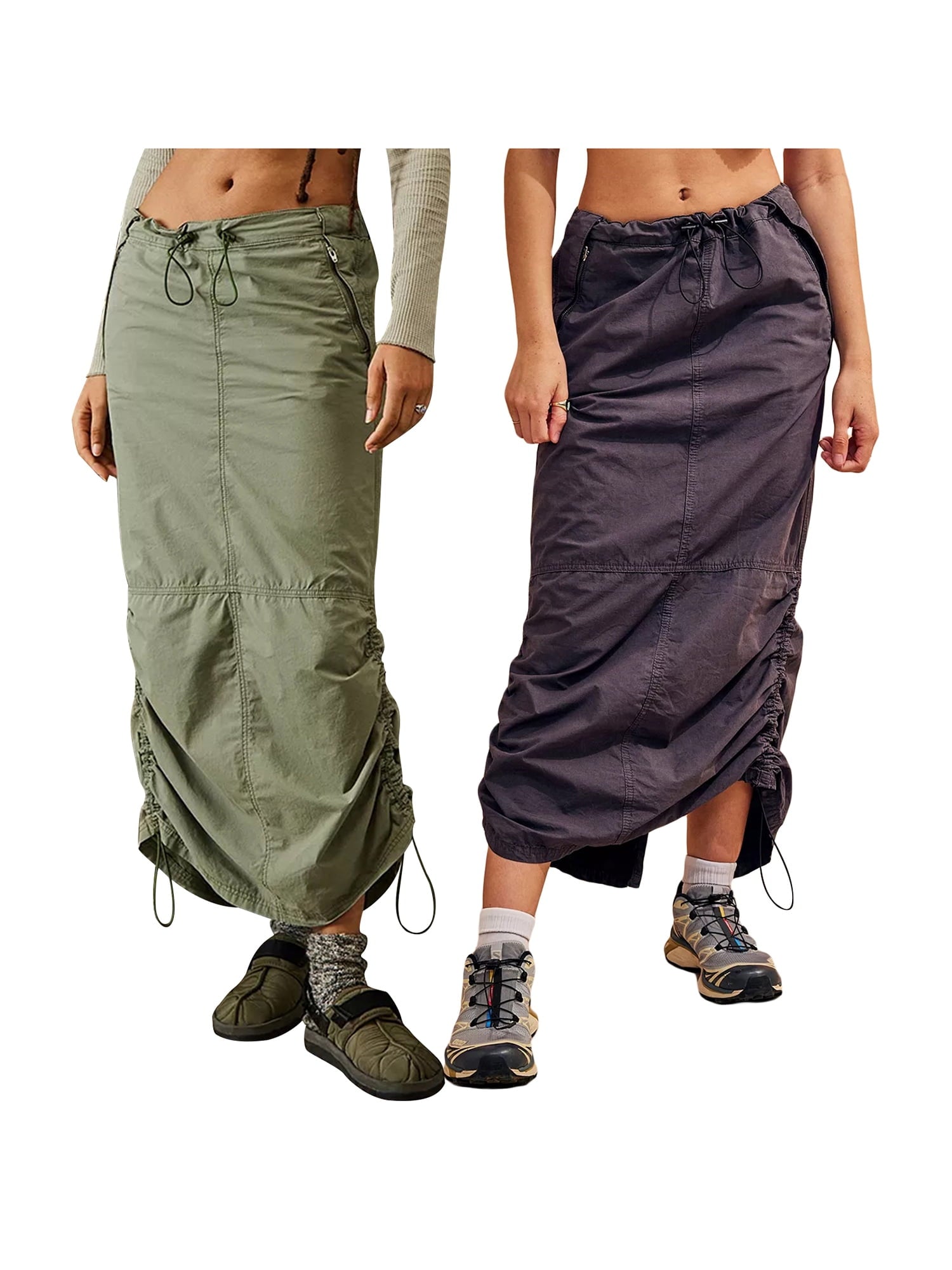 KelaJuan Women Cargo Skirt Summer Casual Elastic Drawstring Ruched Long Skirt with Pockets
