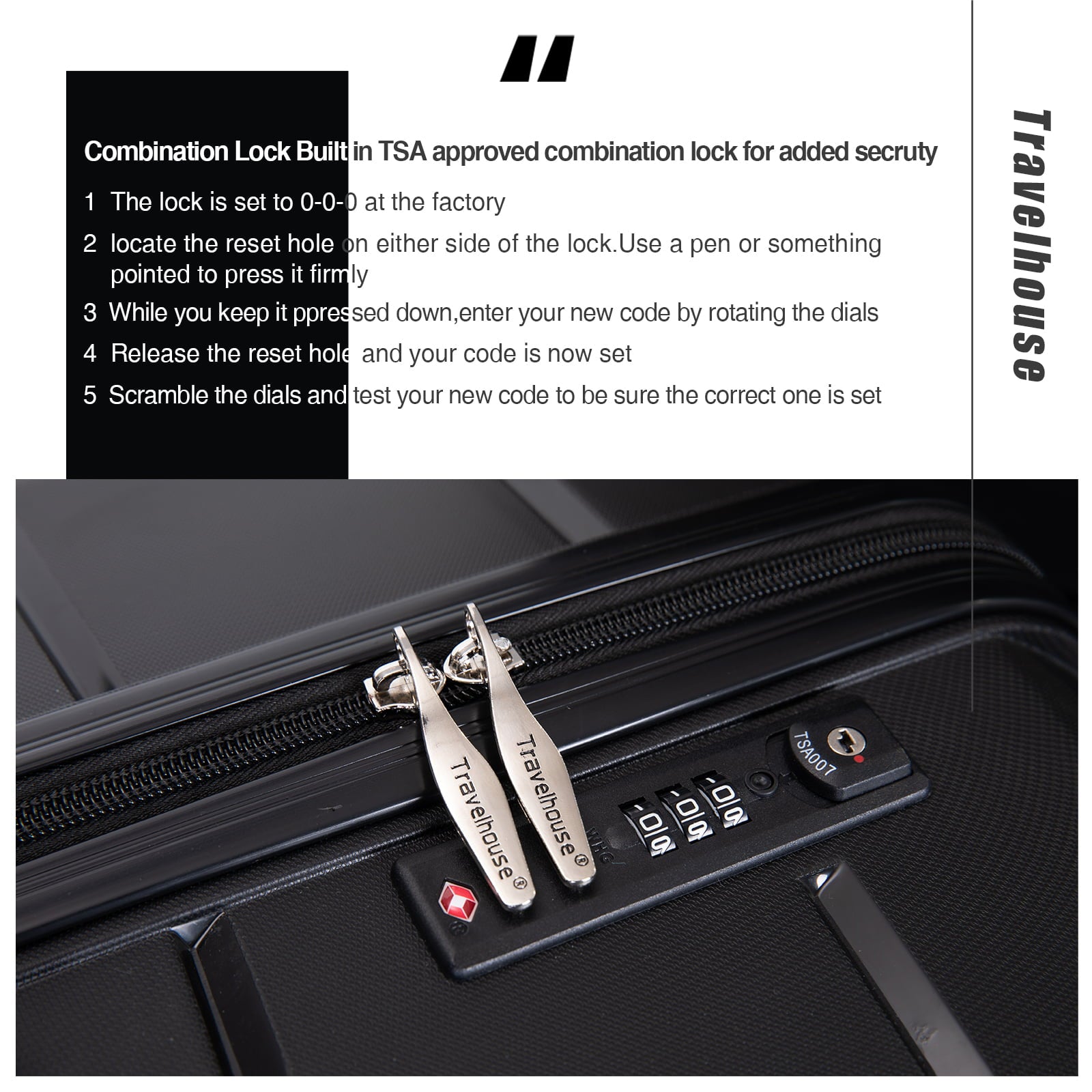 Travelhouse 3 Piece Luggage Set Hardshell Lightweight Suitcase with TSA Lock Spinner Wheels 20in24in28in.(Black)