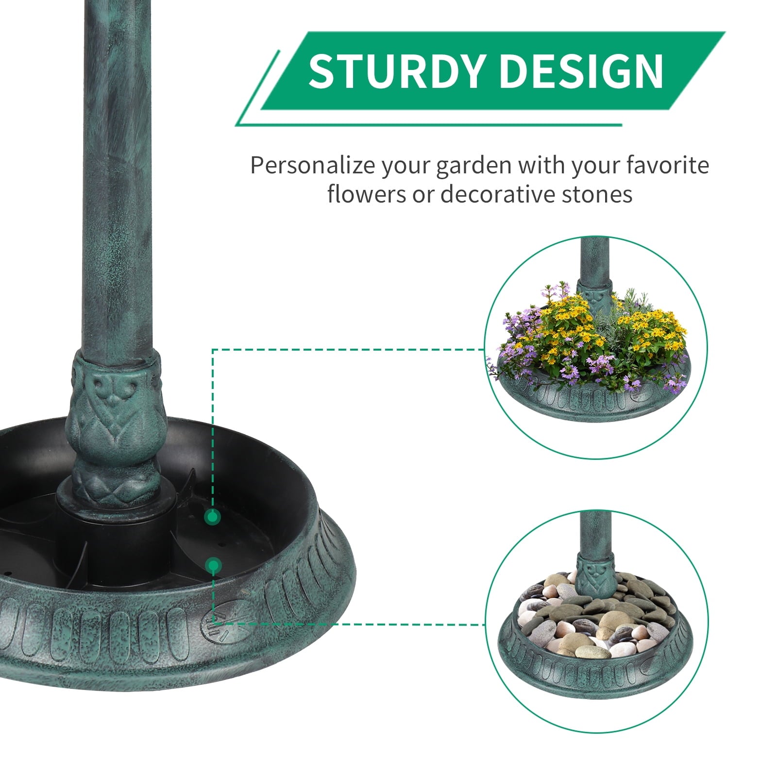 SamyoHome Wild Bird Bath Resin Pedestal Birdbaths with Solar Light Dark Green