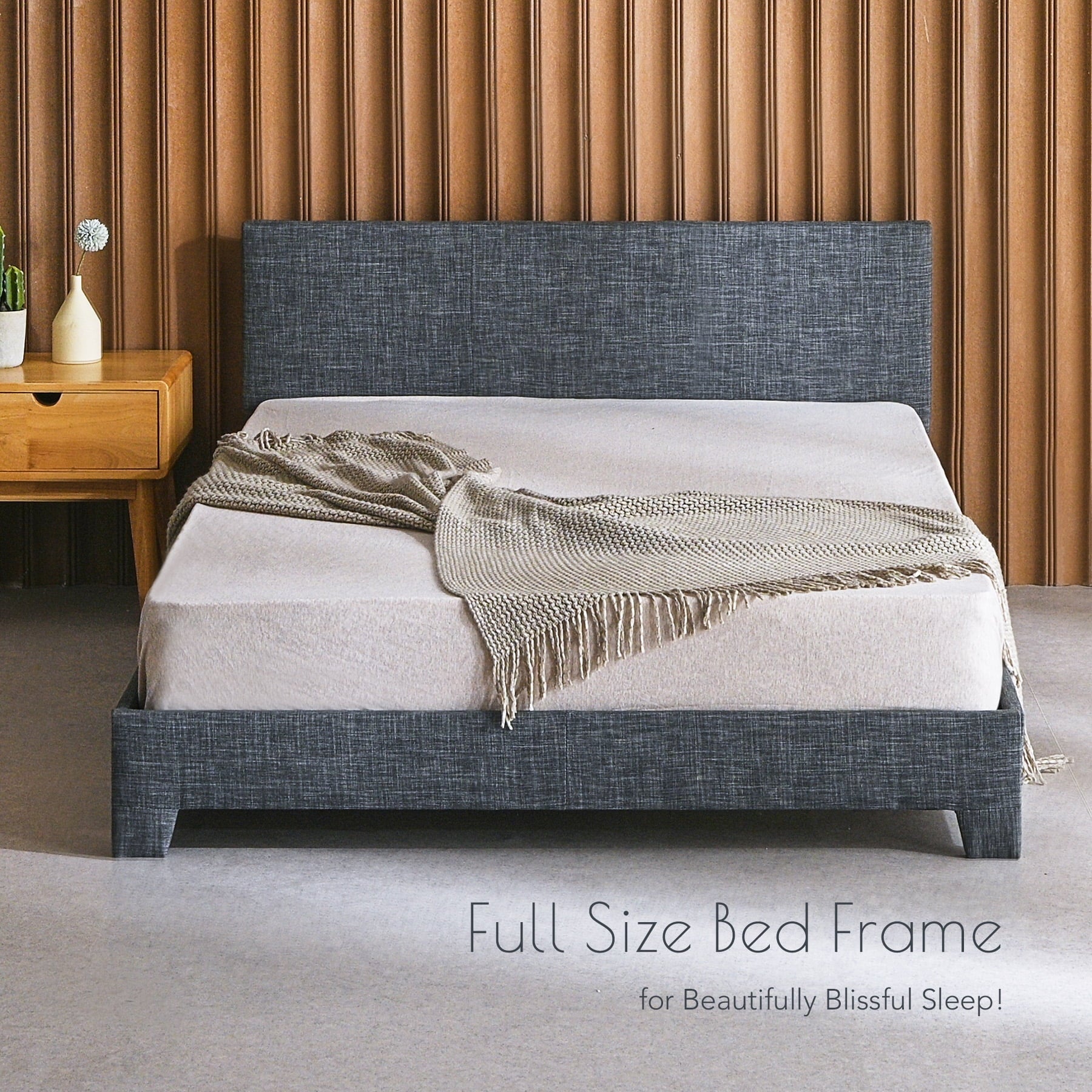 Bestco Sturdy Full Bed Platform with Headboard Steel Frame Wood Slats 635lb Cap, Gray