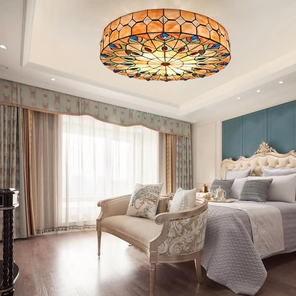 23 in. 1-Light Elegant Retro Indoor Colorful Stained Glass Shade Selectable LED Flush Mount Ceiling Light