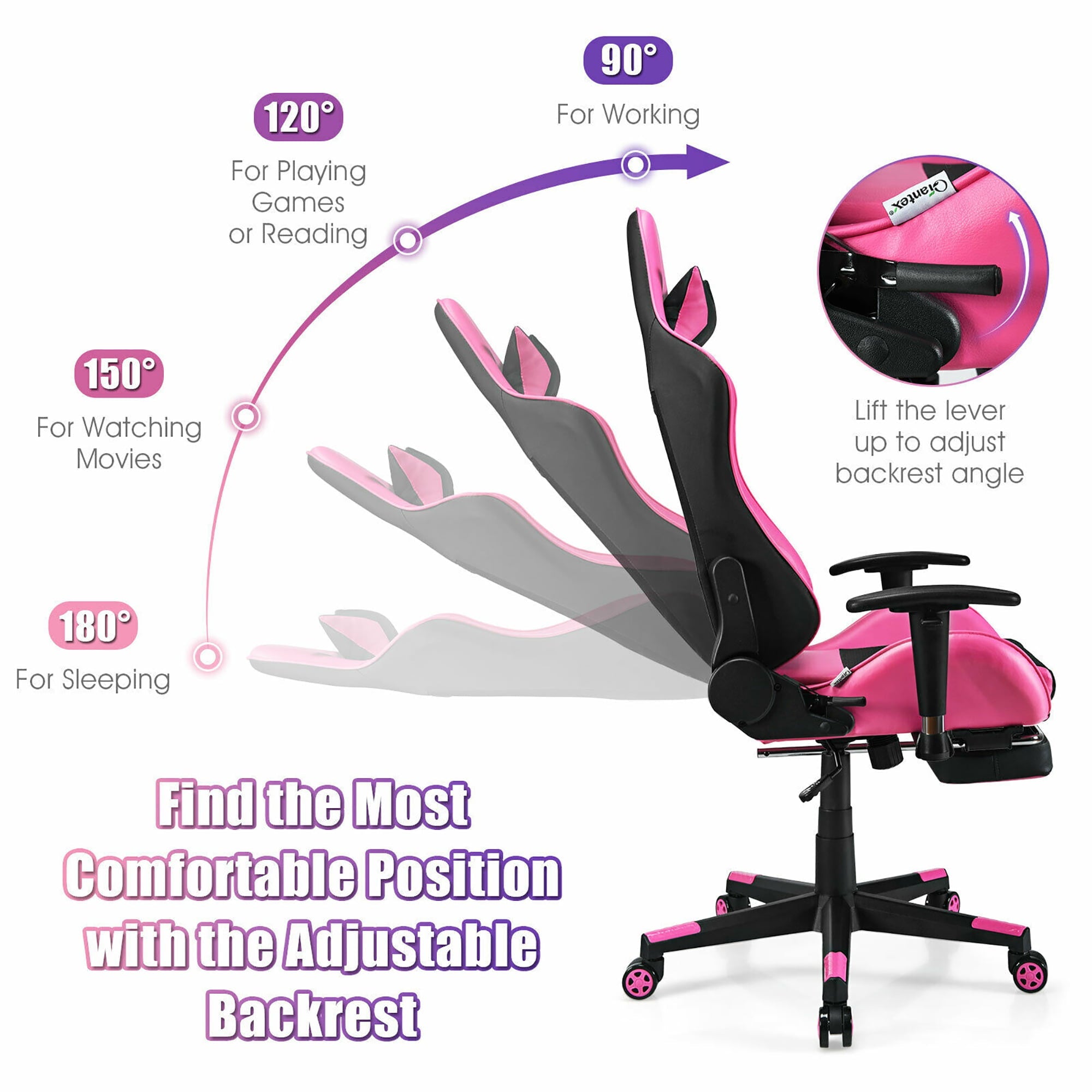 Costway Massage Gaming Chair Reclining Racing Office Computer Chair with Footrest Pink