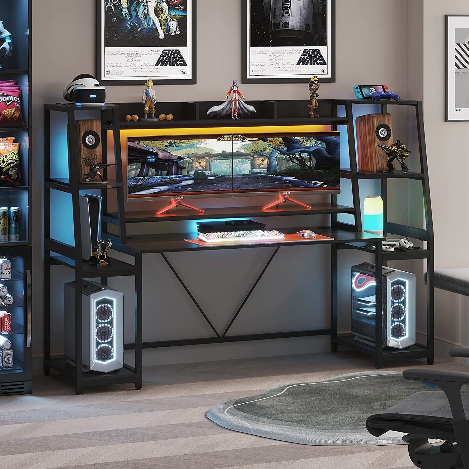 78.8inch Gaming Desk with LED Lights, Hutch and Storage Shelves, Ergonomic Computer Desk with Monitor Stand, Black