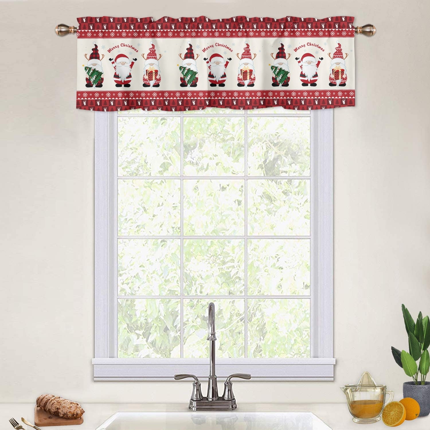 Christmas Window Valance Rod Pocket Panel for Kitchen Bedroom Window Merry Christmas Gnome with Xmas Hat Valances Short Curtain 54