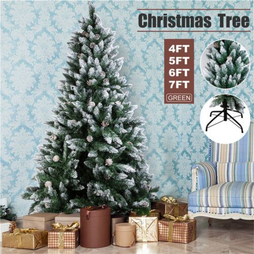 4/5/6/7Ft Artificial Christmas Tree Snow Flocked Pine Cone Holiday Xmas W/Lights