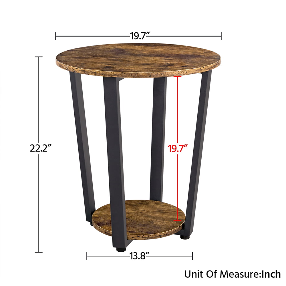 2Pcs Round Wooden Side End Tables, Rustic Brown