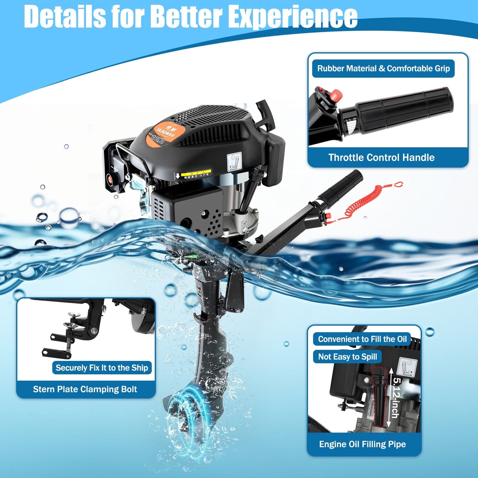Anqidi 6HP 4 Stroke 140CC Outboard Motor Heavy Duty Inflatable Fishing Boat Gasoline Engine Manual Start TCI Air Cooling System 4500-5500Rpm(Joystick Length 15.35in)