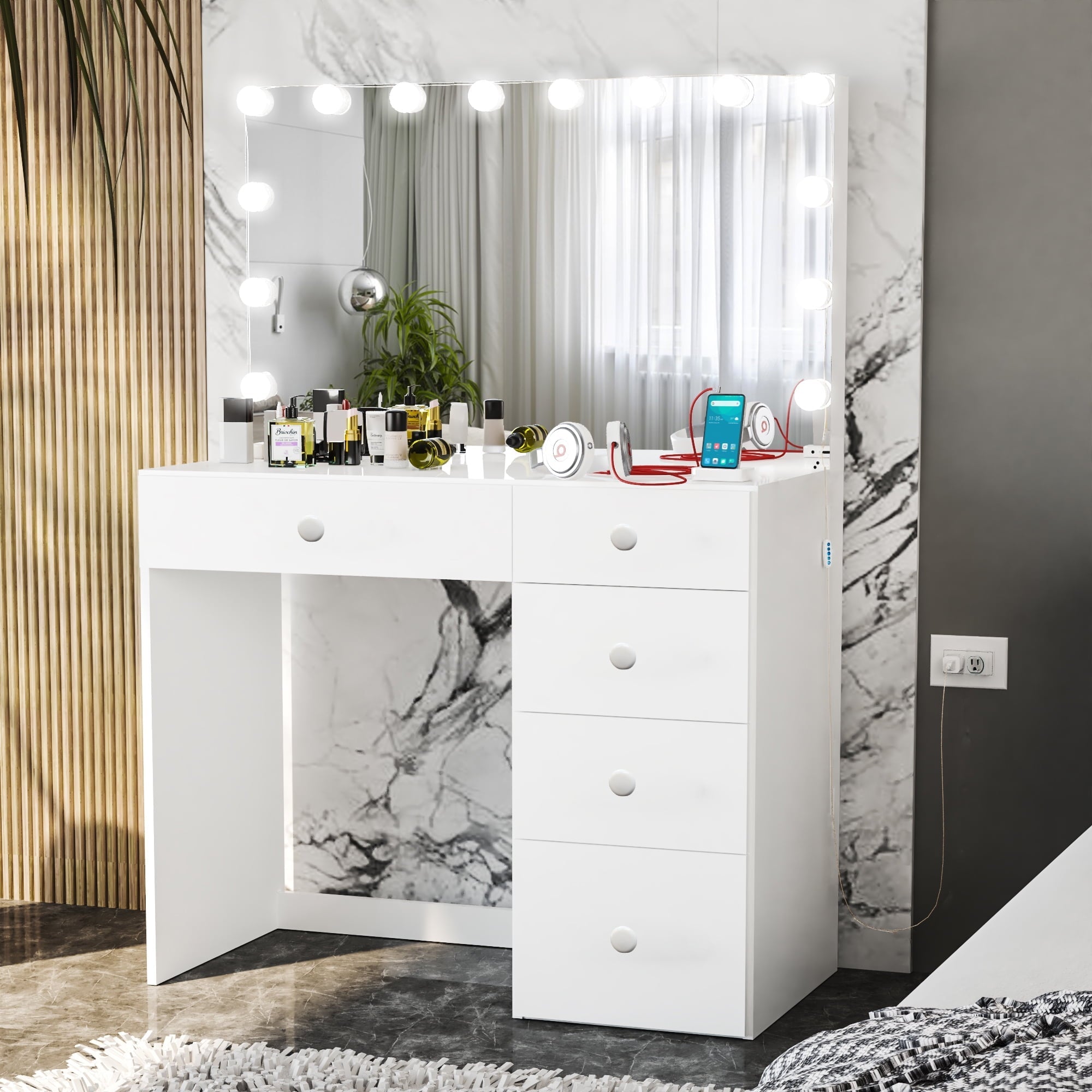 Boahaus Saranya Modern Vanity Desk with Light Bulbs, 5 Drawers, White