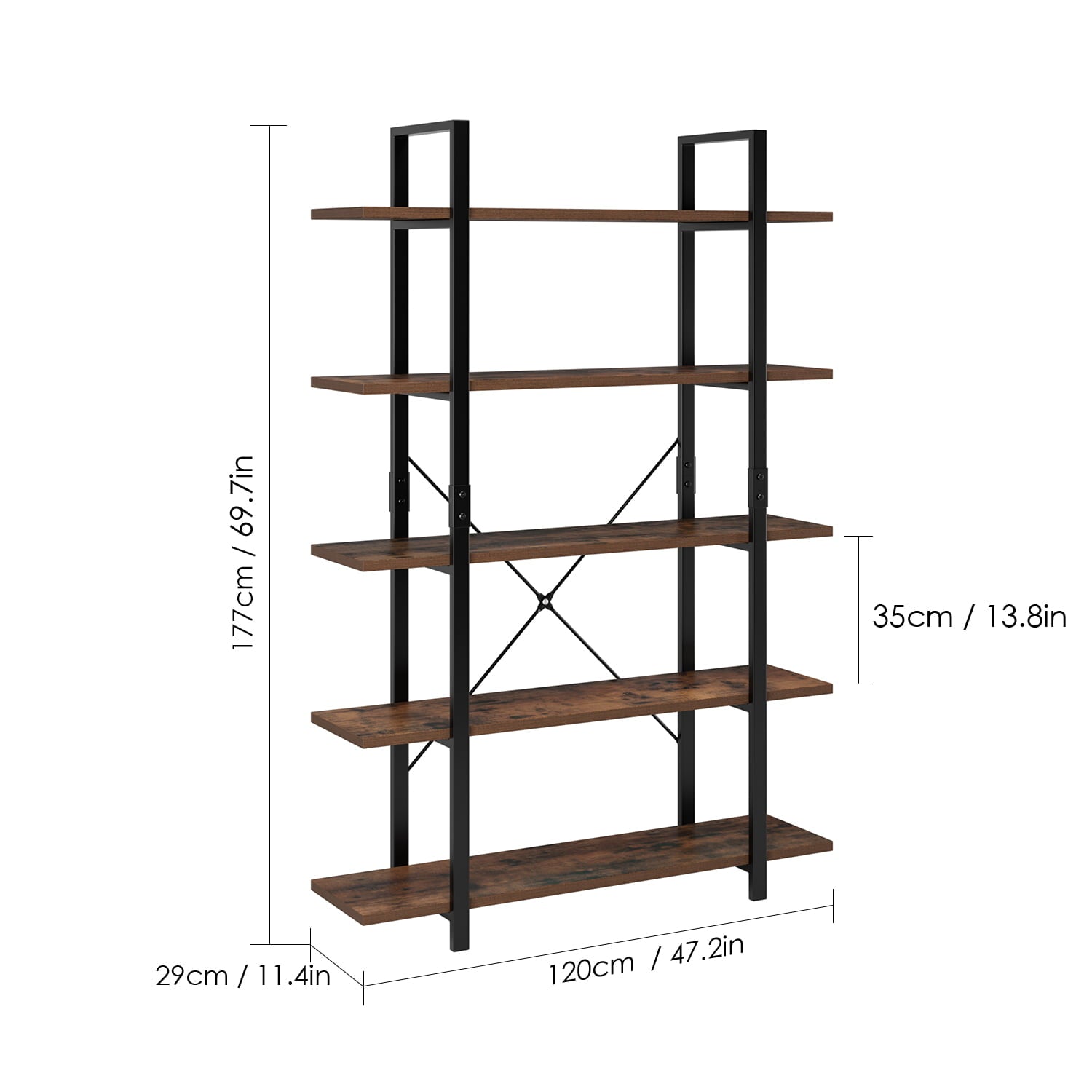Homfa Industrial 5 Tier Storage Bookshelf , Wood Bookcase Shelf Unit with Metal Frame for Home Office Living Room, Rustic Brown