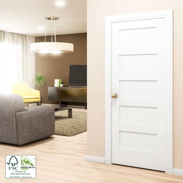 30 in. x 80 in. x 1-3/8 in. Shaker White Primed 5-Panel Solid Core Wood Interior Slab Door