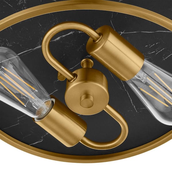 Cogburn 13 in. 2-Light Antique Brass with Black Marbled Base Flush Mount